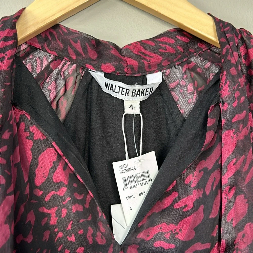 NWT Walter Baker Tie Neck Stellah Dress Sz 4‎ Magenta Pink Black Animal Print
